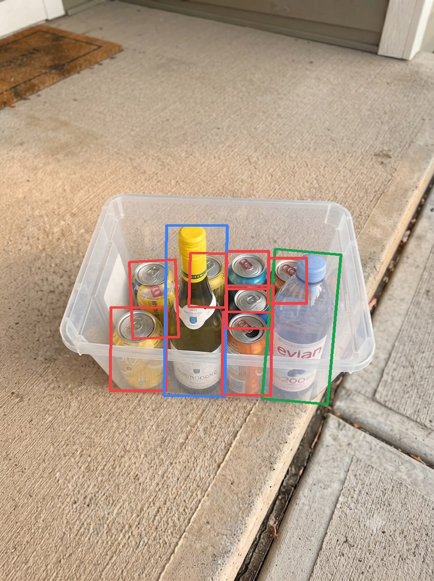 A real RecyclingNet pickup bin with cans and bottles, boxed by our detection model