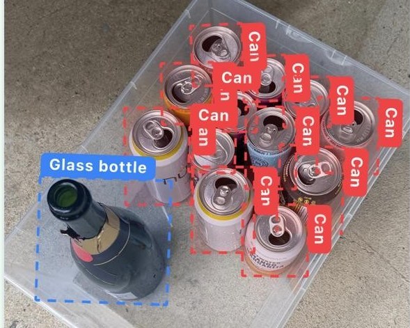 A real RecyclingNet pickup bin holding twelve cans and a glass bottle, each labelled by our detection model