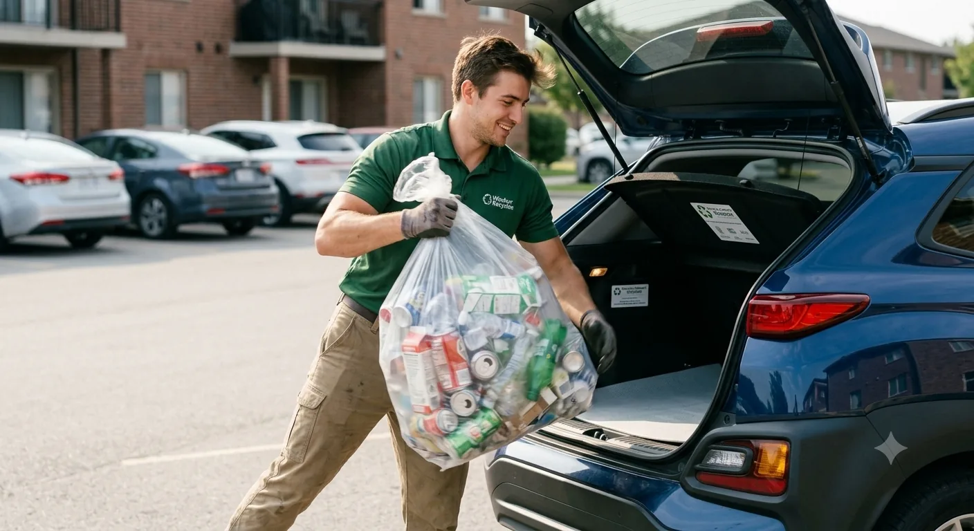 A collector loading a bag of recyclables into their car
